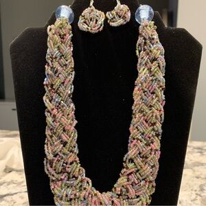 Large Seed Beaded Braided Necklace and Earring set.